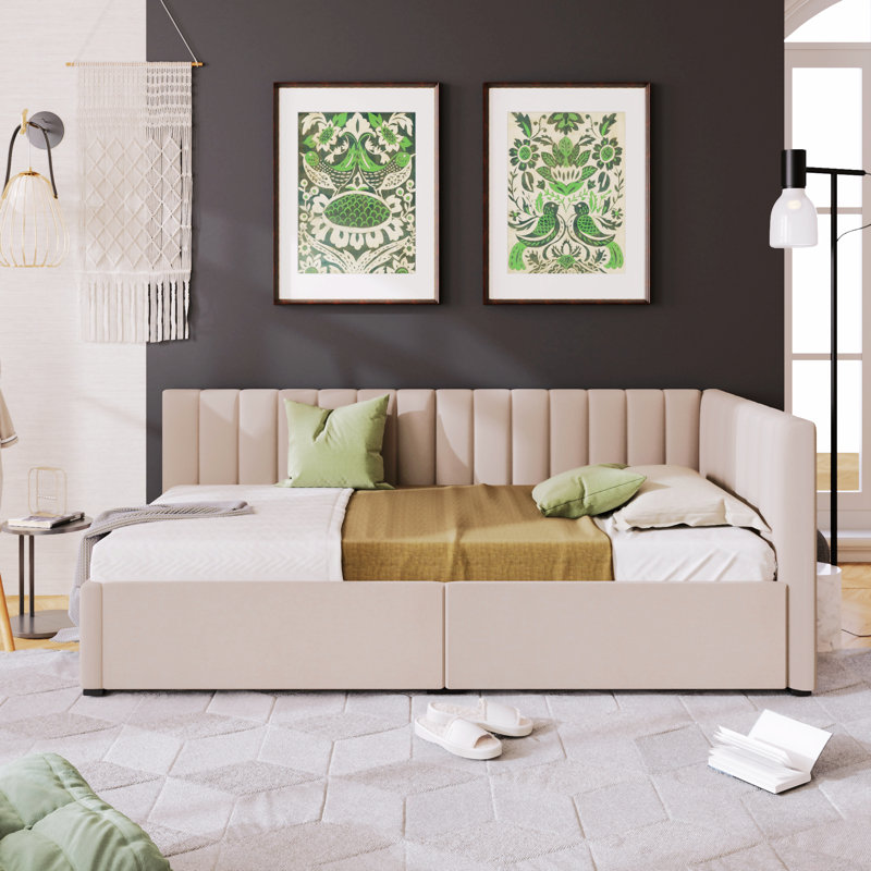Gerniya Modern Linen Fabric Upholstered Daybed with Two Storage Drawers Twin Size Beige